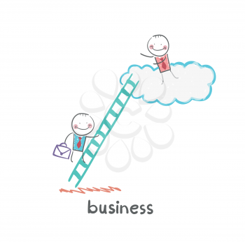 businessman climbing the stairs to the cloud to the boss