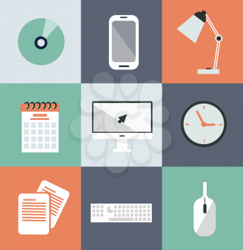businessman, computer, phone, CD, clock, keyboard, computer mouse, calendar, documents, lamp illustration