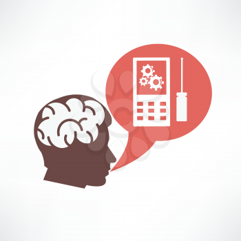 Brain in the head and cellphone icon