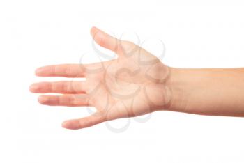 Outstretched human hand on white background