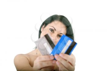 credit cards in a hand of the woman, focus on woman