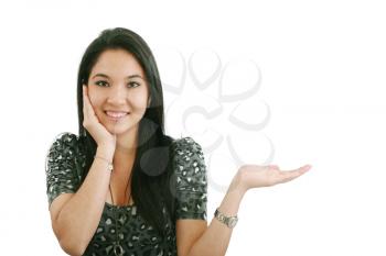woman with her hand open to show a product, isolated on white 

