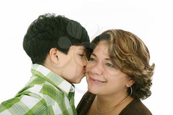 little boy kiss his mother on a white background 
