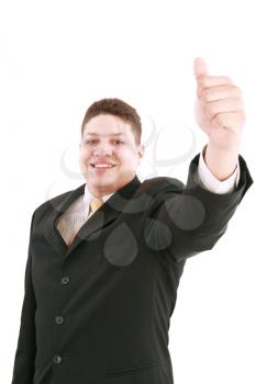 young business man going thumb up, isolated on white 
