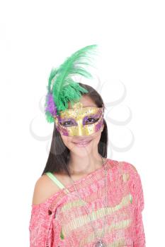 beautiful woman in carnival mask isolated on white background