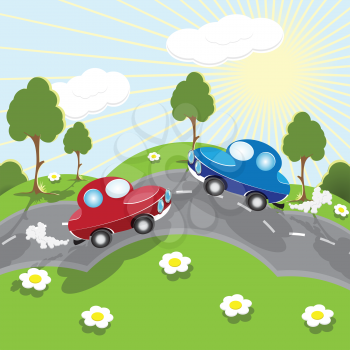Royalty Free Clipart Image of Two Cars on a Road