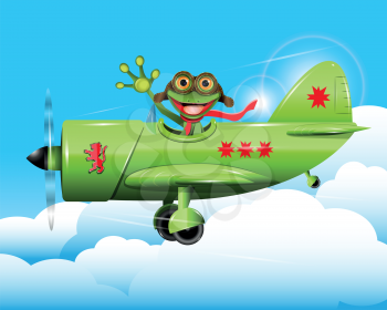 illustration merry green frog pilot in the plane