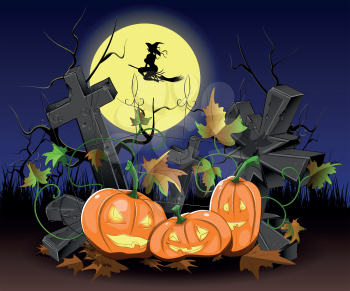illustration of three pumpkins on the cemetery at Halloween
