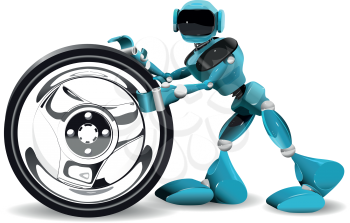 illustration of a blue robot and wheel on white background