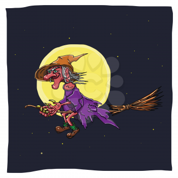 illustration of scary witch on a broomstick in the night sky