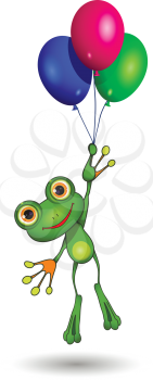 Illustration of a cartoon frog on balloons