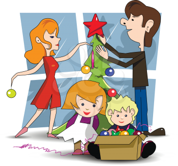 Illustration family decorates Christmas tree before the holiday