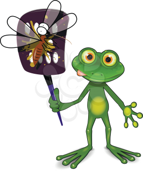 Illustration a green frog kills a mosquito