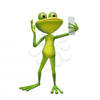 3D Illustration Frog Makes Selfi on a White Background