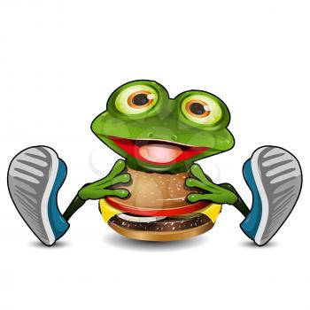 Illustration Cheerful Green Frog Eats Cheeseburger on a White Background