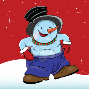 Illustration of a cheerful Snowman in Pants on a Red Background