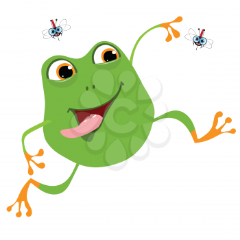 Stock Illustration Merry Cartoon Frog and Two Mosquito on a White Background