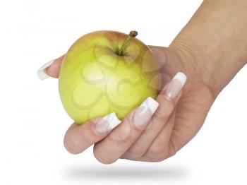 Woman's hand holding a green and red apple