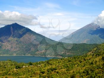 Bali landscape with mountain lake between two volcanos
