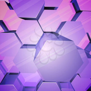 Violet shiny hexagons 3D vector background.