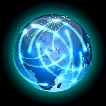 Communication concept. Globe with light traces rotating around.