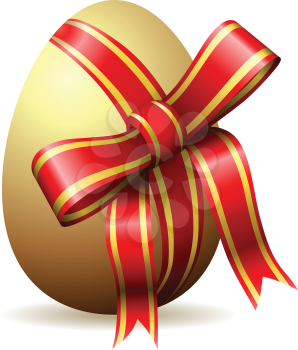 Easter egg begirded with decorative red ribbon isolated on white.