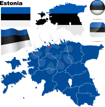 Estonia vector set. Detailed country shape with region borders, flags and icons isolated on white background.