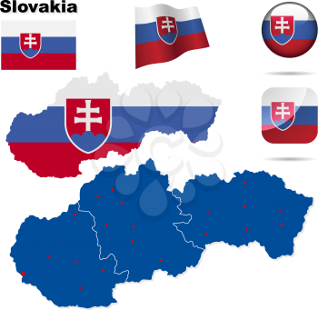 Slovakia  vector set. Detailed country shape with region borders, flags and icons isolated on white background.