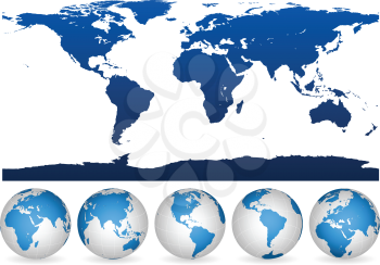 Detailed blue and white world outline and globes isolated on white. 