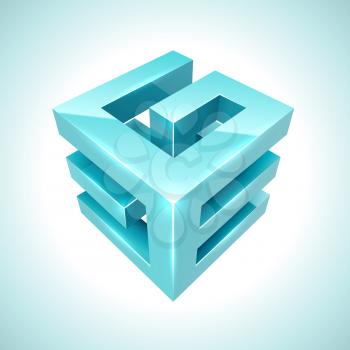 Abstract 3D cube cyan icon isolated on white background.
