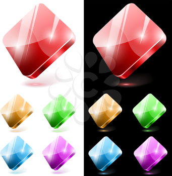 Diamond shaped 3D glass web buttons isolated on white and black background.
