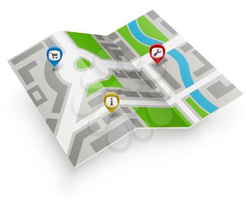 Paper map vector icon with color pointers.