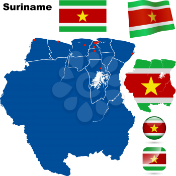 Suriname vector set. Detailed country shape with region borders, flags and icons isolated on white background.