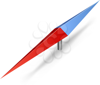 3D red and blue compass arrow isolated on white background.