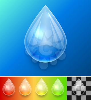 Transparent water drop template isolated on color background with samples.