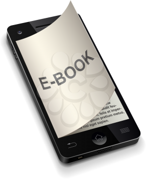 3D smartphone e-book concept with curled title page vector illustration.