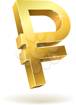 Golden 3D ruble vector sign isolated on white background.