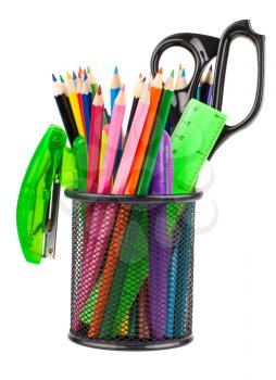 Office cup with scissors, pencils and pens isolated on white background