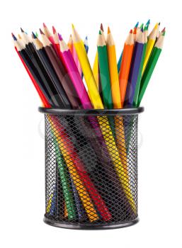 Set of color pencils in a basket isolated on white background