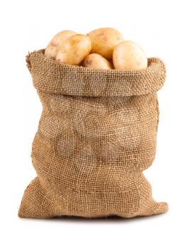 Sack of ripe potatoes isolated on white background
