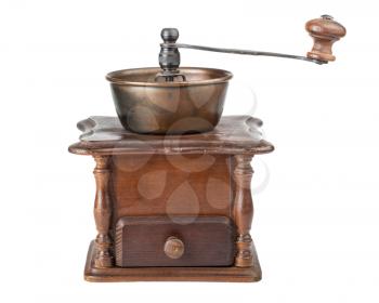 Vintage brown coffee mill isolated on white background