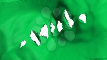 Green color flag perforated, bullet holes, white background, 3d rendering