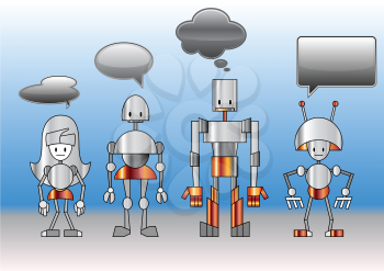 Royalty Free Clipart Image of Robots With Speech Bubbles