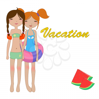 Royalty Free Clipart Image of Two Girls in Swimsuits