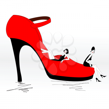 Royalty Free Clipart Image of Two Woman by a High Heel