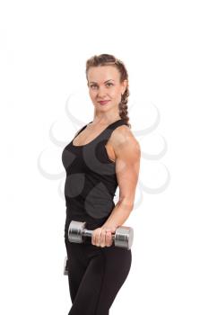 Athletic young woman with dumbbell isolated on white
