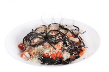 Black cuttlefish spaghetti with tomato sauce and parmesan cheese isolated on white
