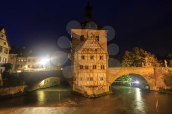 Obere bridge (brücke) and Altes Rathaus at night in Bamberg, Germany

