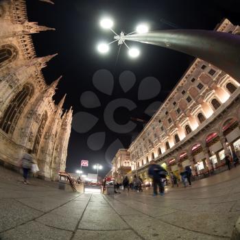 Milano cathedral wide angle view at night

