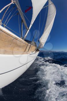 Sailing boat wide angle view in the sea
